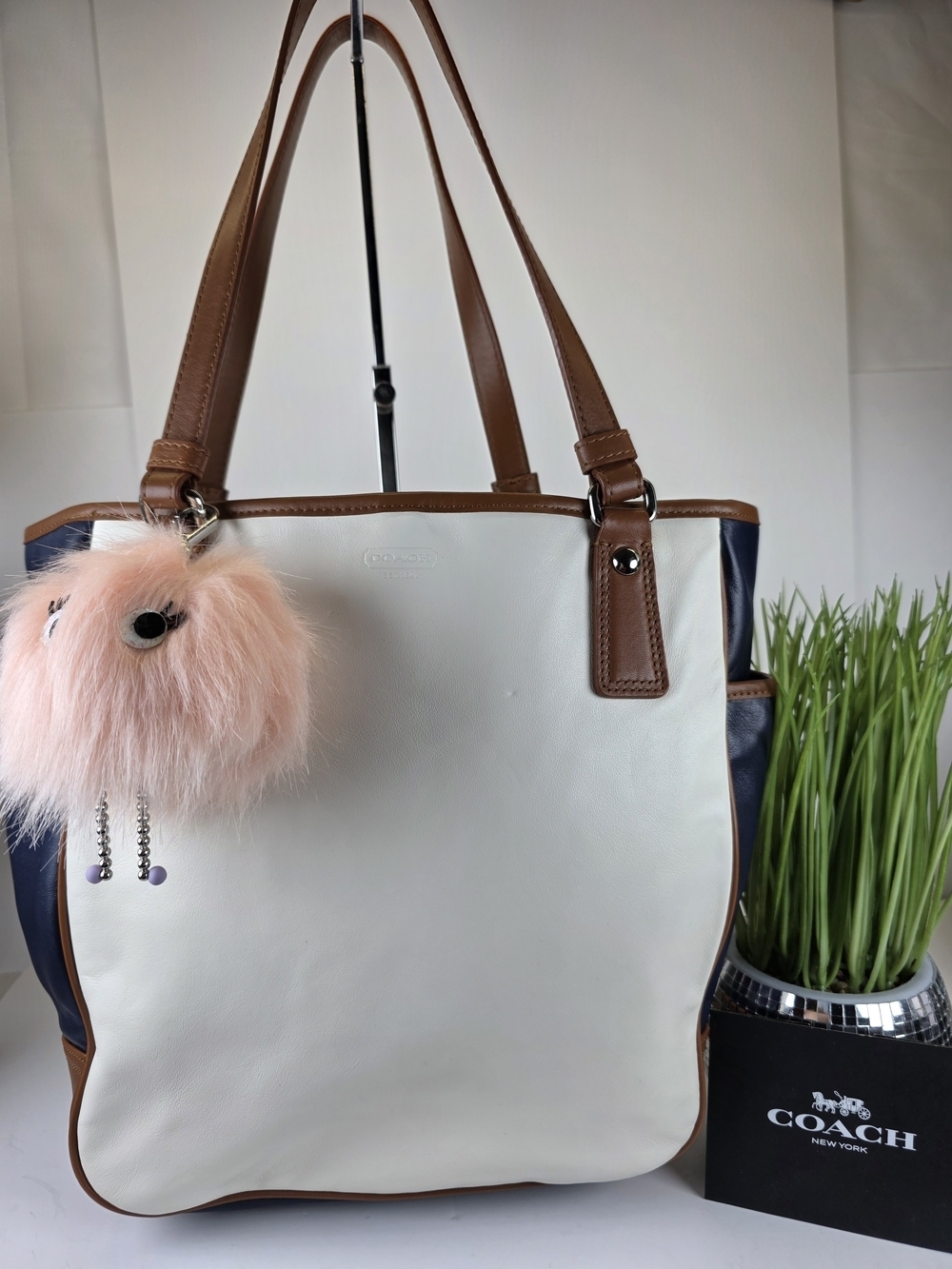 Coach Park Y2K Colorblock White & Navy Leather Tote with Brown Trim Shoulder Bag